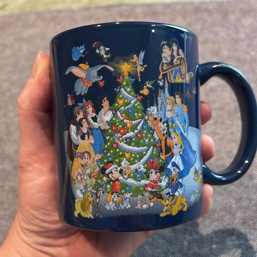 Disney Characters Decorating Christmas Tree Blue Ceramic Mug MWare 3.75